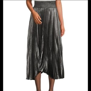Elie Tahari High Waisted Pleated Asymmetrical Midi Skirt Gunmetal Grey Shimmer